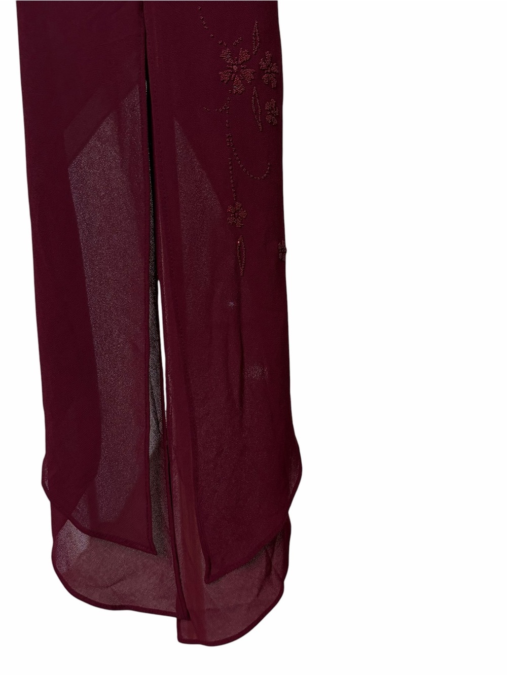 Vintage Y2K Burgundy Floral Beaded Lace Trim Strappy Maxi Dress Asymmetrical Hem - Picture 5 of 8